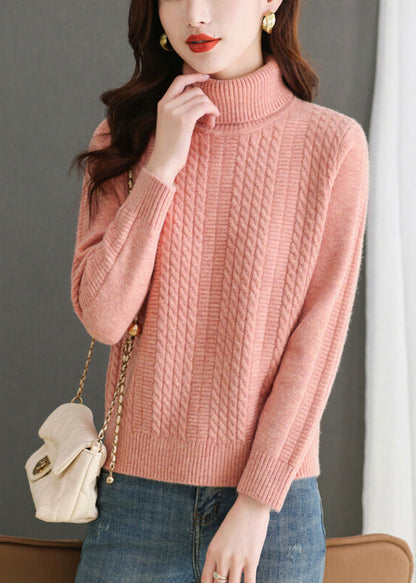 Pull en tricot uni à col roulé rose pour femme Hiver WL010