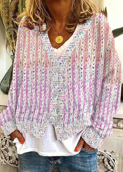 Neck Cardigan Pink Women Cozy V Striped Spring Knit