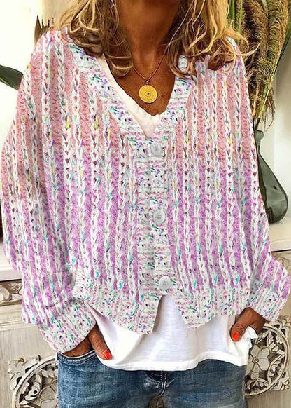 Neck Cardigan Pink Women Cozy V Striped Spring Knit