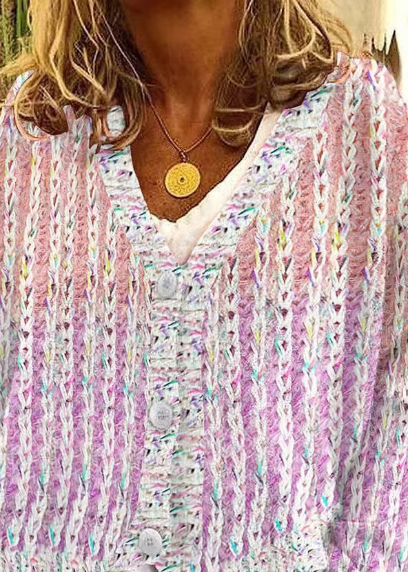 Neck Cardigan Pink Women Cozy V Striped Spring Knit