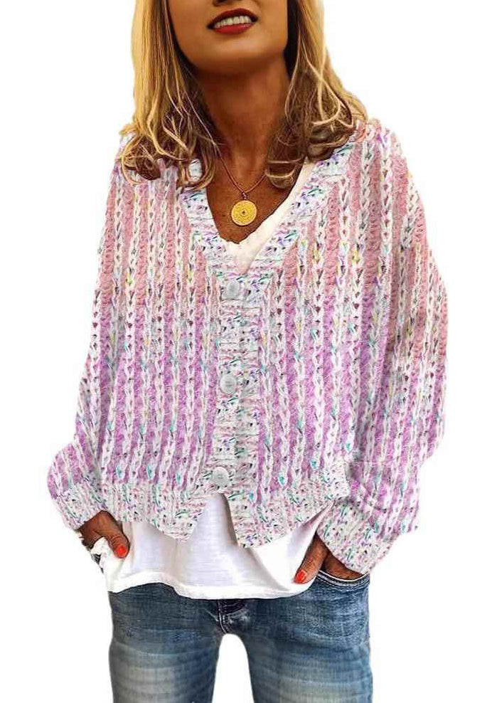 Neck Cardigan Pink Women Cozy V Striped Spring Knit
