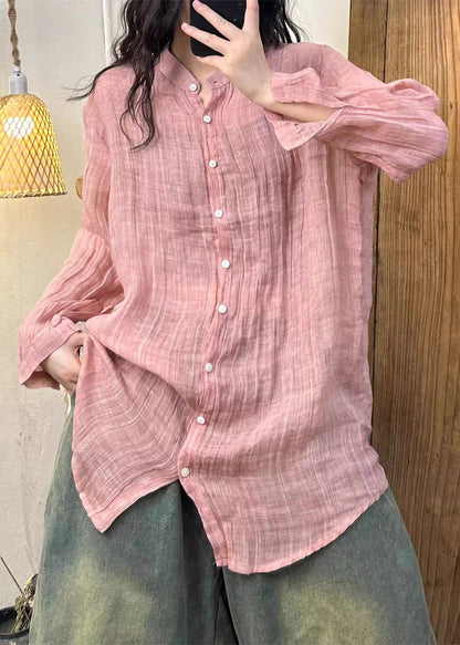 Wrinkled Solid Pink Button Spring Linen Women Shirt