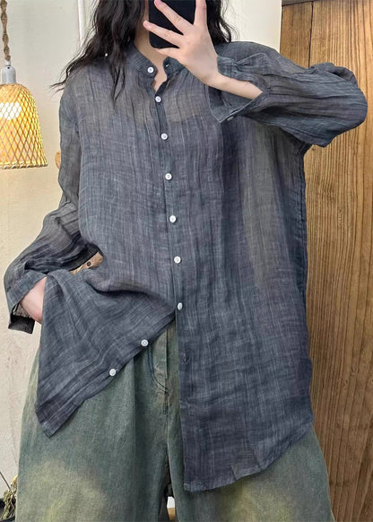 Wrinkled Solid Pink Button Spring Linen Women Shirt