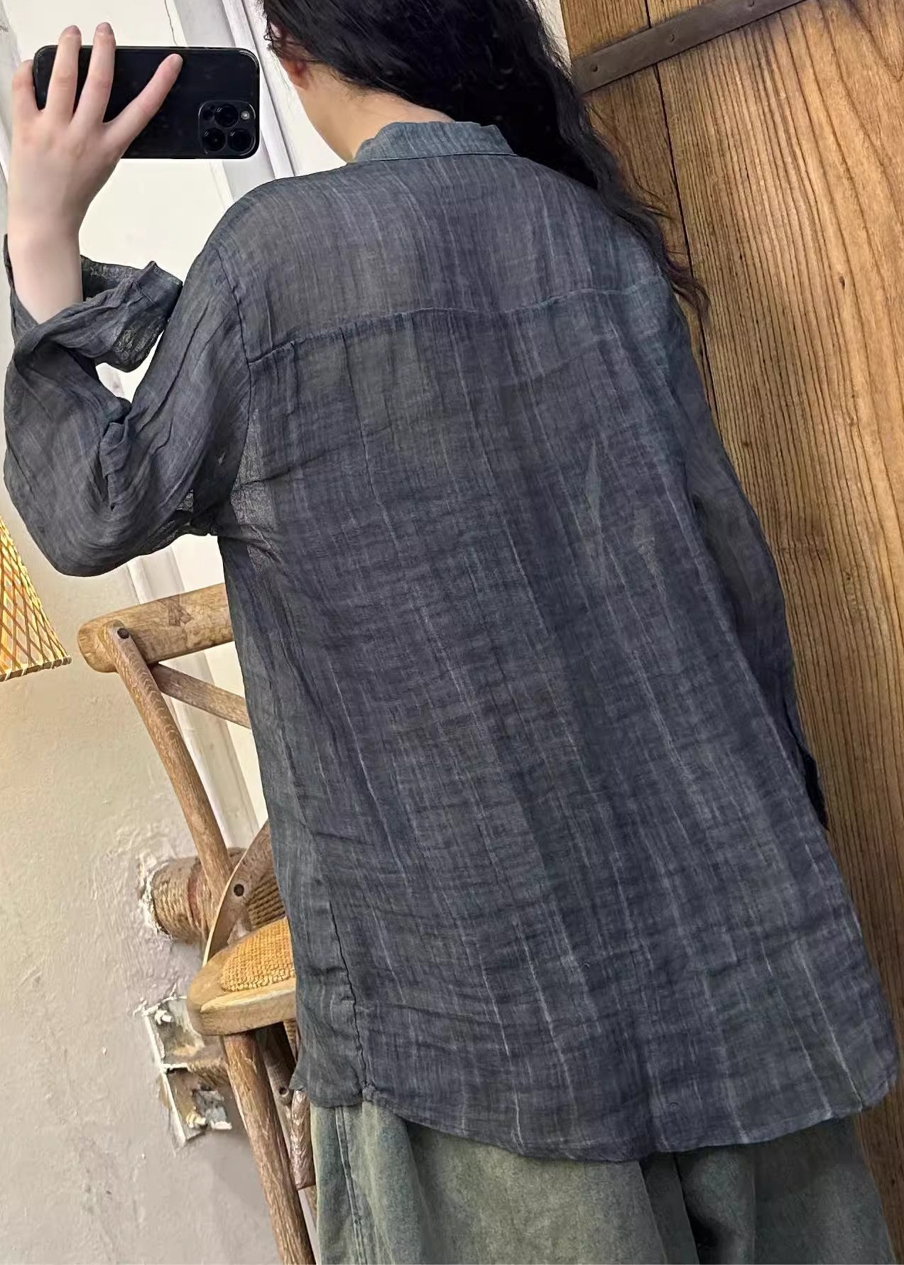 Wrinkled Solid Pink Button Spring Linen Women Shirt