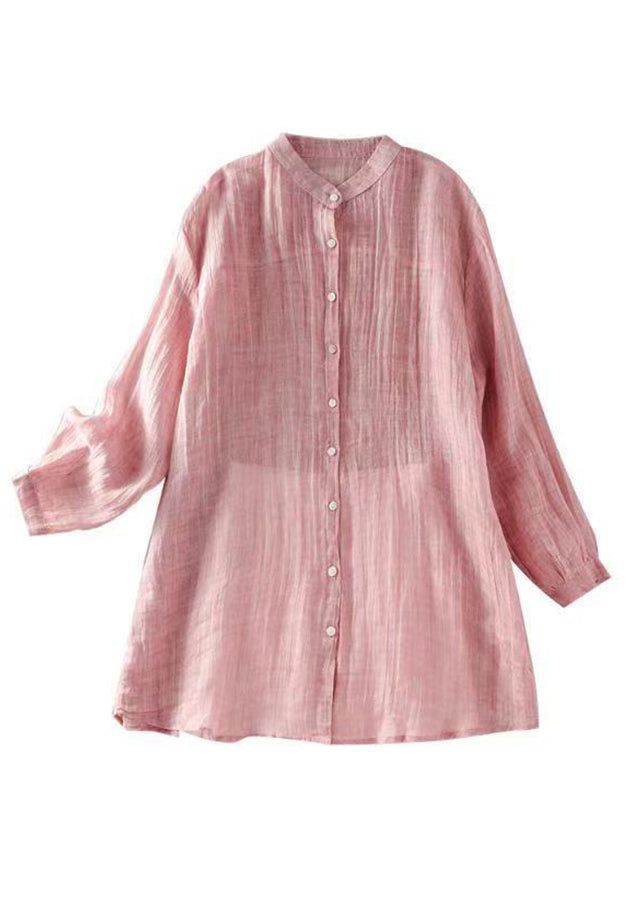 Wrinkled Solid Pink Button Spring Linen Women Shirt