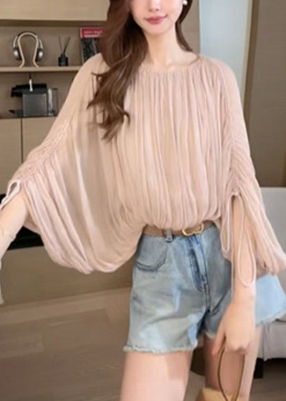 Pink Shirts Women Wrinkled Sleeve Up Lace Batwing
