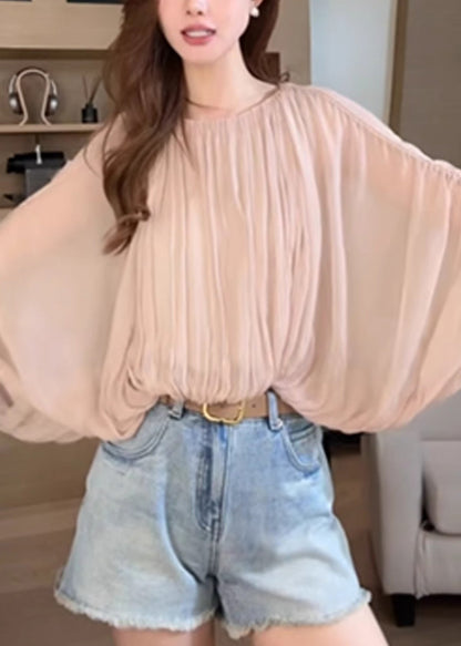 Pink Shirts Women Wrinkled Sleeve Up Lace Batwing