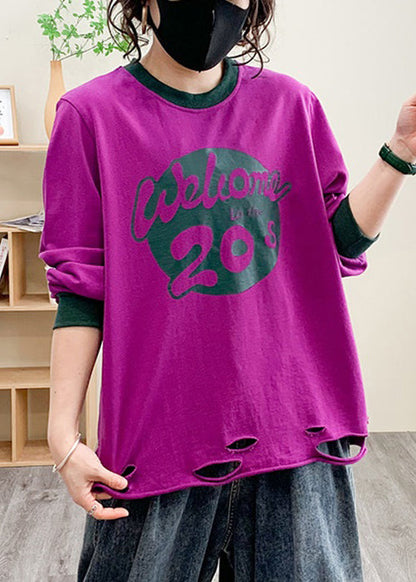 Women Purple Hole Print Cotton Tops Long Sleeve AU1038