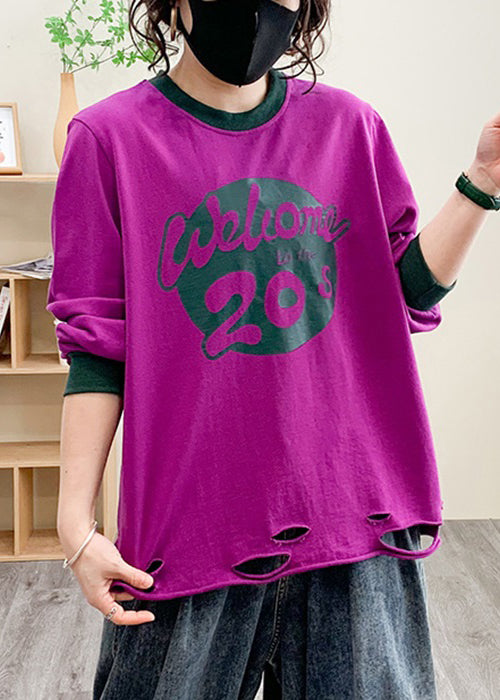 Women Purple Hole Print Cotton Tops Long Sleeve AU1038