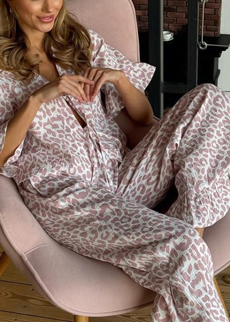 Lace Cotton Print Leopard Women Summer Purple Sets Pajama Up