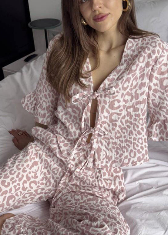 Lace Cotton Print Leopard Women Summer Purple Sets Pajama Up
