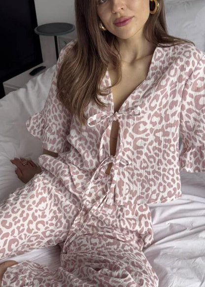 Lace Cotton Print Leopard Women Summer Purple Sets Pajama Up