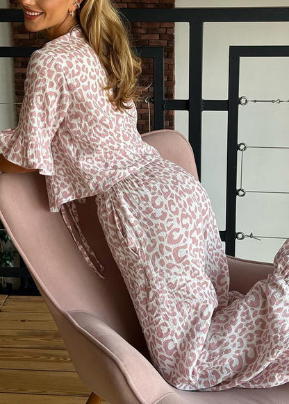 Lace Cotton Print Leopard Women Summer Purple Sets Pajama Up