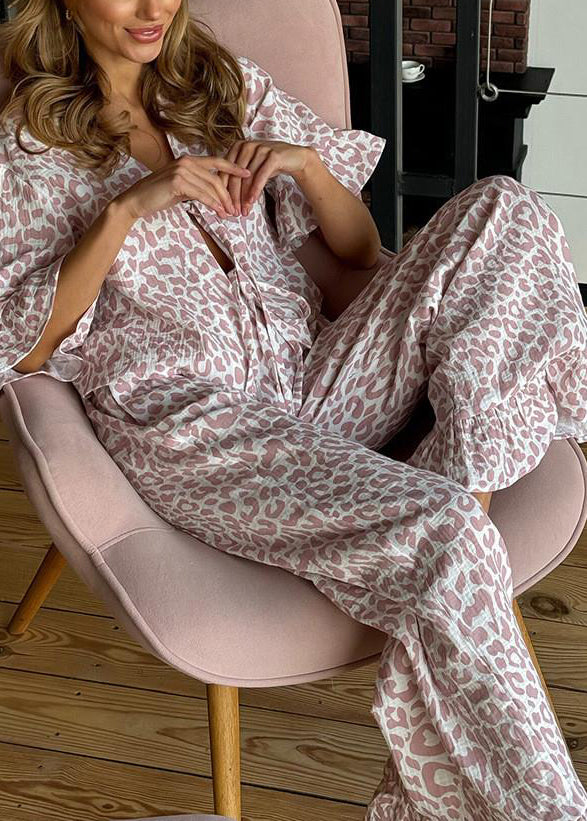 Lace Cotton Print Leopard Women Summer Purple Sets Pajama Up