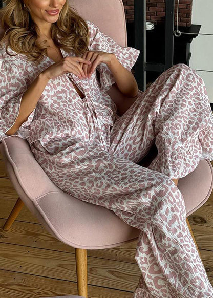 Lace Cotton Print Leopard Women Summer Purple Sets Pajama Up