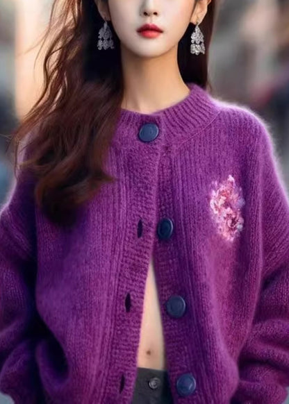 Women Purple O Neck Button Cozy Knit Cardigan Winter WX019