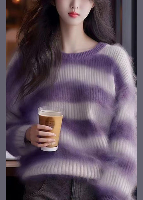 Women Purple O Neck Striped Cozy Knit Sweater Winter WK004