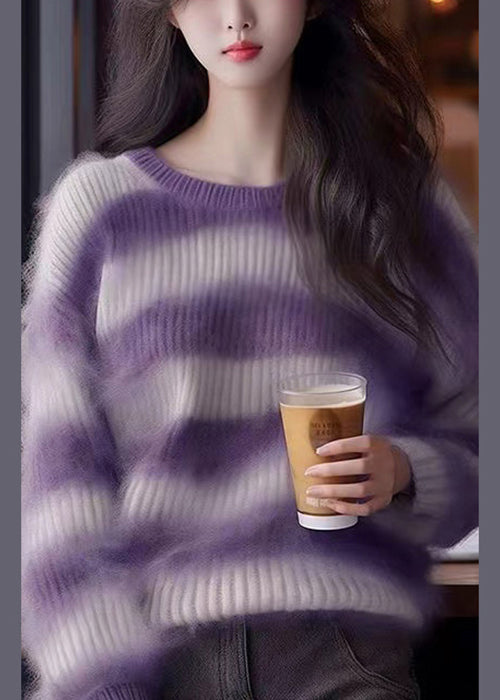 Women Purple O Neck Striped Cozy Knit Sweater Winter WK004