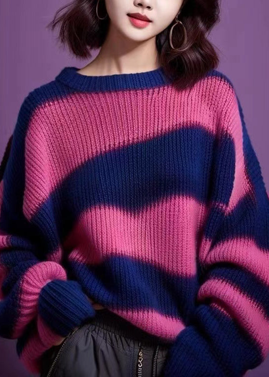 Women Purple O Neck Thick Patchwork Knit Sweater Winter WX018