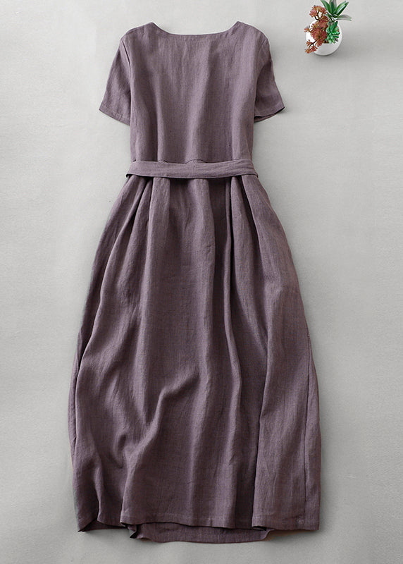 Women Purple O Neck Tie Waist Pockets Linen Long Dress Summer FF044