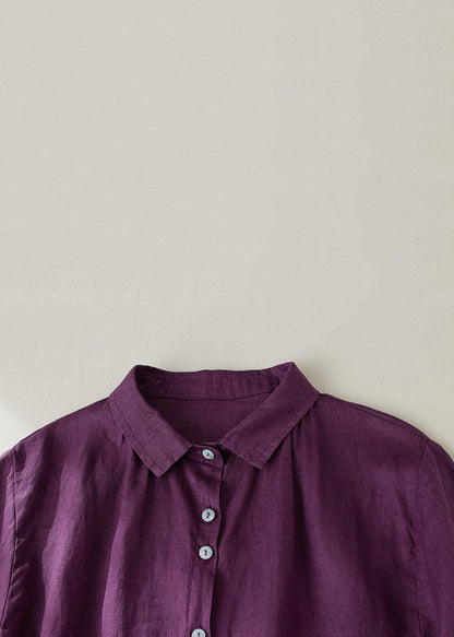 Women Purple Peter Pan Collar Button Linen Blouse Summer GG031