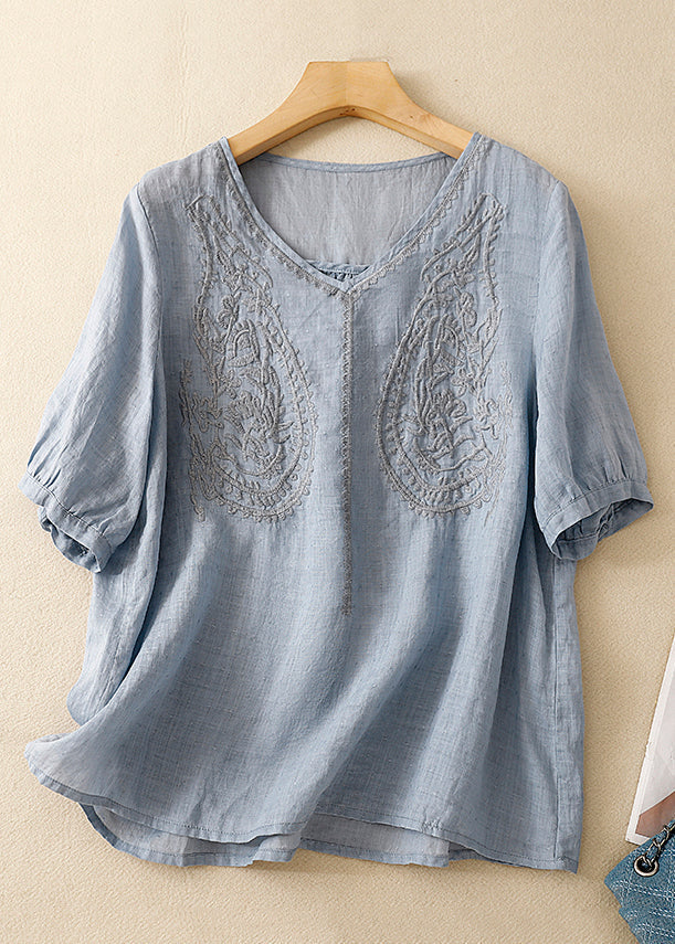 Women Purple V Neck Embroidered Linen T Shirt Summer GG016