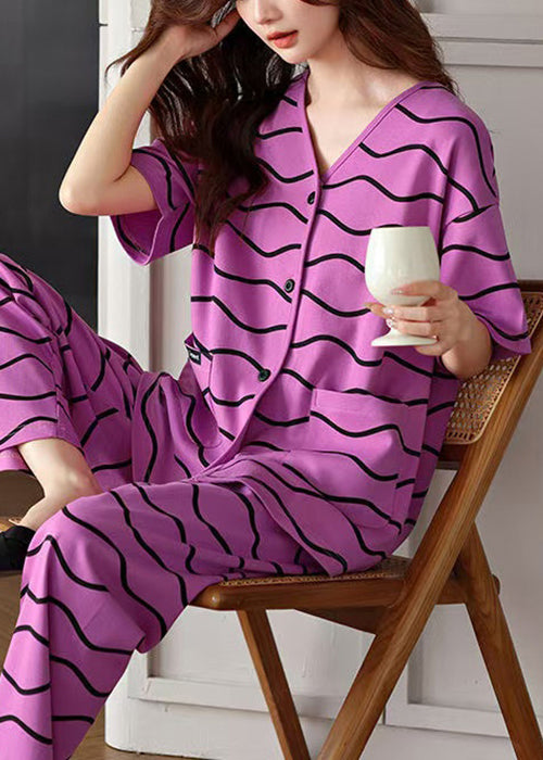 Two Neck Cotton Pieces Pockets Set V Striped Purple Women Pajamas