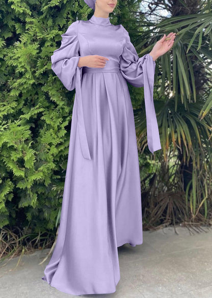 Robe de vacances en soie violette froissée pour femme, coupe ajustée, automne QL043