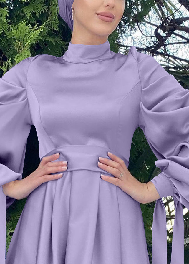 Robe de vacances en soie violette froissée pour femme, coupe ajustée, automne QL043