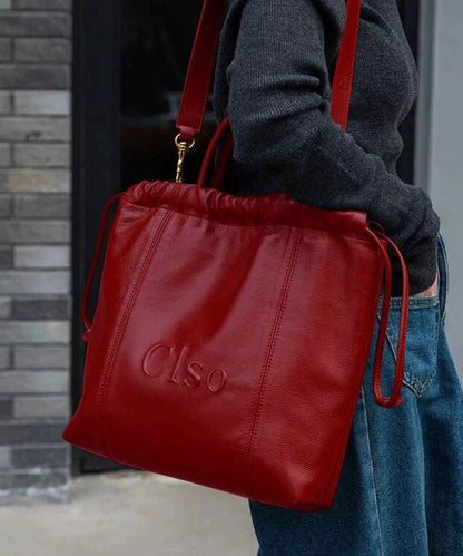 Women Large Drawstring Handbag Capacity Faux Satchel Leather Red