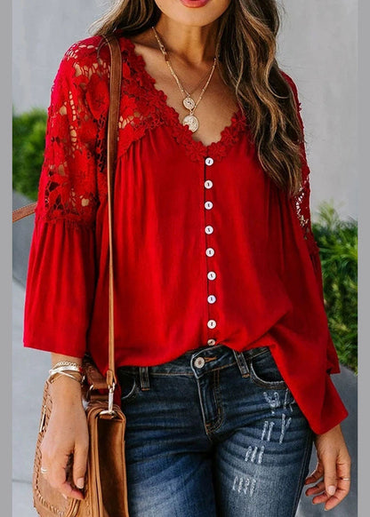 Top Lace Patchwork Solid Red Fall Women