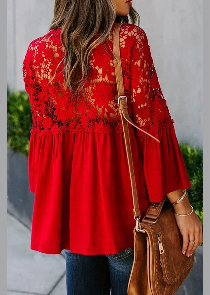 Top Lace Patchwork Solid Red Fall Women