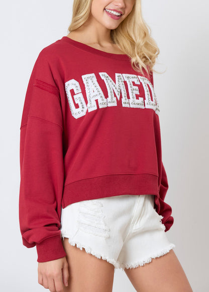 Sweat-shirt en coton à manches longues avec lettres rouges et zircon pour femme AE1001