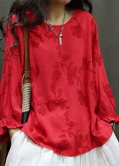 O Sleeve Linen Lantern Women Neck Red Tops Shirt Embroidered