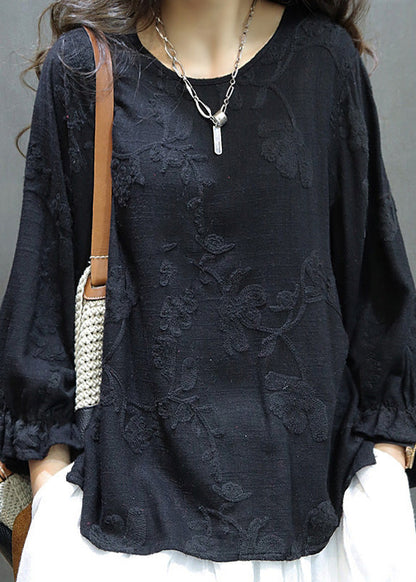 O Sleeve Linen Lantern Women Neck Red Tops Shirt Embroidered