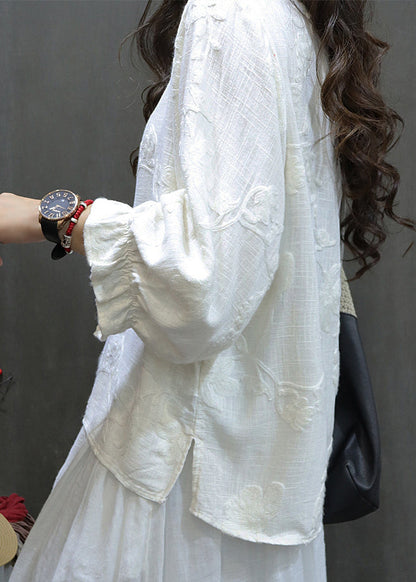 O Sleeve Linen Lantern Women Neck Red Tops Shirt Embroidered