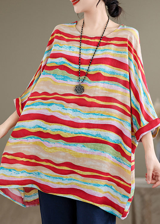 Women Red O Neck Striped Plus Size Cotton Blouse Tops Batwing Sleeve AP080