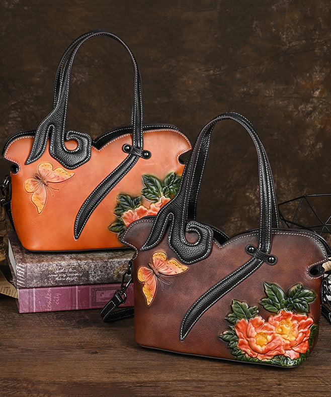 Leather Coffee Handbag Women Embossed Calf Tote Retro