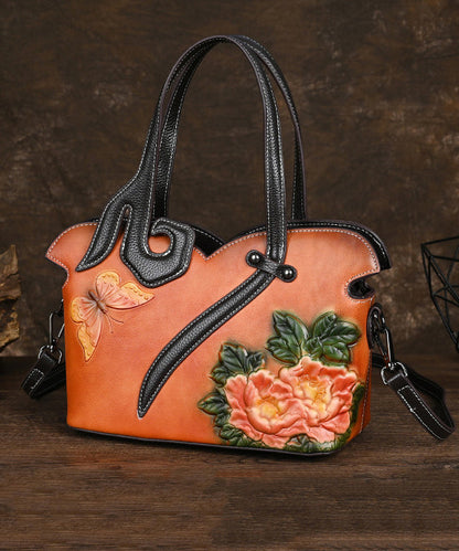 Leather Coffee Handbag Women Embossed Calf Tote Retro