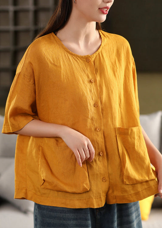 Button Pockets Neck Yellow Linen Shirt Tops O Women Summer