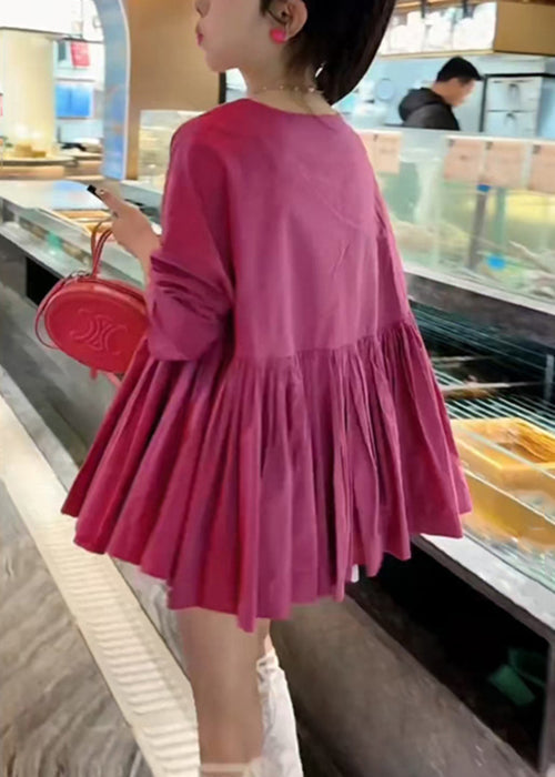 Women Rose O Neck Fall Solid Shirts Wrinkled Cotton