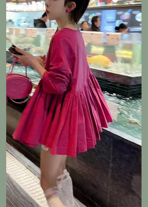 Women Rose O Neck Fall Solid Shirts Wrinkled Cotton