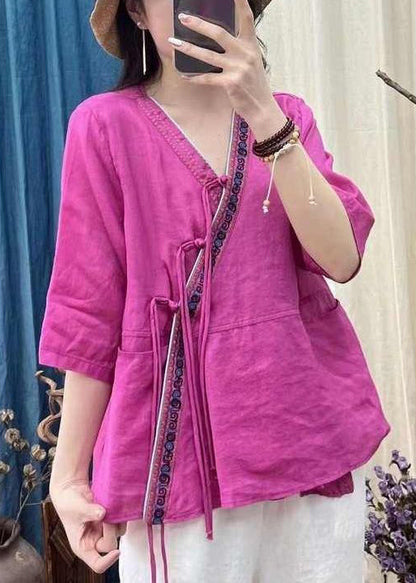 Women Rose V Neck Chinese Button Cotton Shirt Half Sleeve AU1060