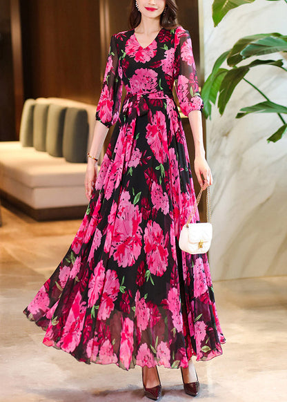 V Summer Dresses Chiffon Rose Maxi Print Neck Women