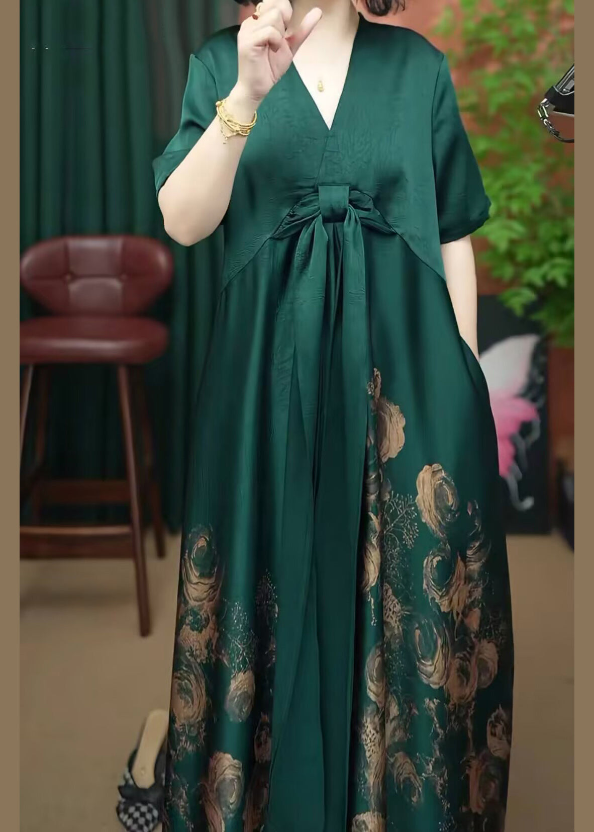 Summer Dress Patchwork V Women Silk Long Print Neck Rose