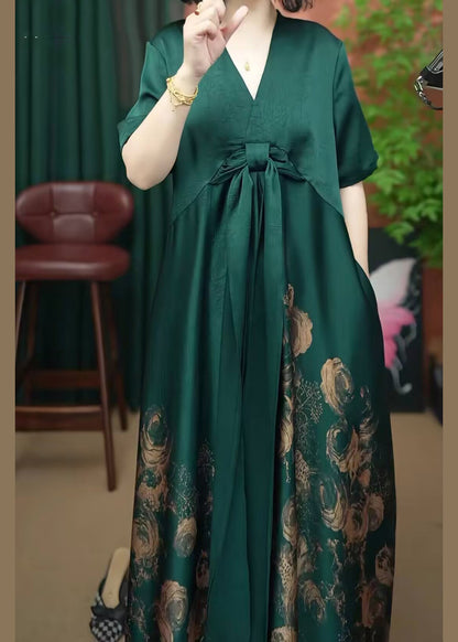 Summer Dress Patchwork V Women Silk Long Print Neck Rose