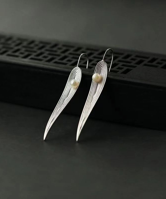 Women Silk Sterling Silver Pearl Bamboo Leaf Drop Earrings QQ040