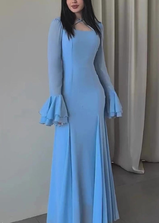 Women Slim Fit Blue U Neck Chiffon Maxi Dresses Butterfly Sleeve QL038