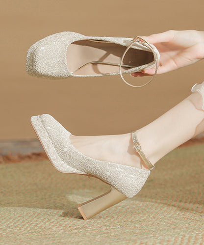 Leather Heels Champagne Splicing High Women Faux Chunky