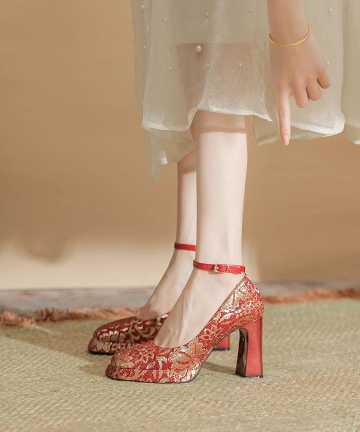 Leather Heels Champagne Splicing High Women Faux Chunky